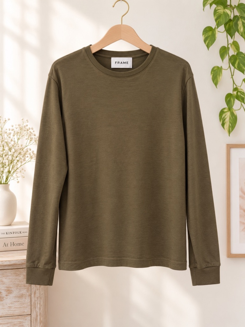 FRAME Classic Rifle Green 100% Cotton Long Sleeve T-Shirt Size L/G
